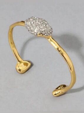 NEW Alexis Bittar Solanales Crystal Pebble Skinny Cuff Bracelet Gold C Z AU12